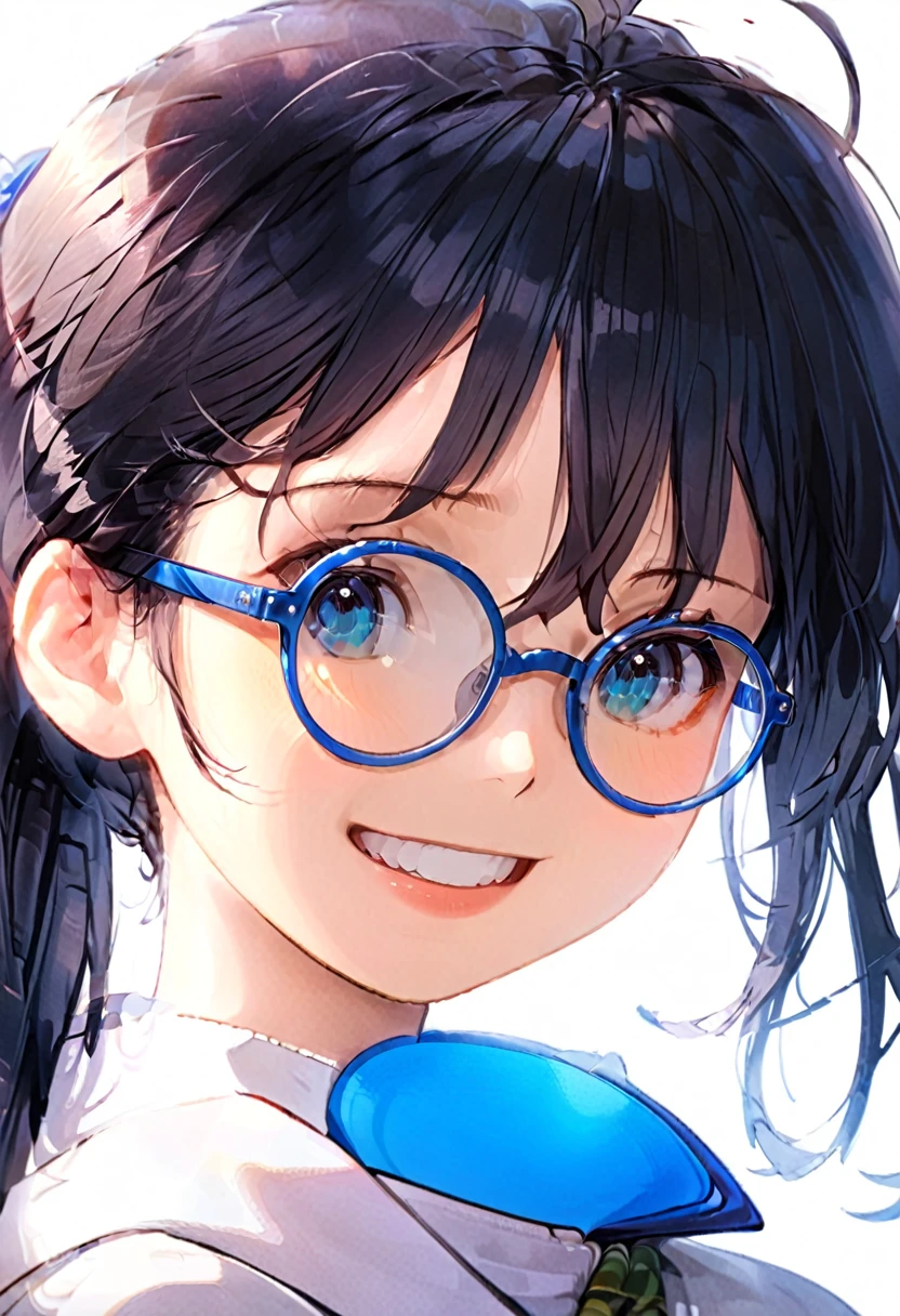Blue Glasses　Light blue hair　girl　ponytail　Laughter　Middle school students　Mostly faces　　Face close-up　Highest quality　傑作 Blue Glasses　Blue Glasses