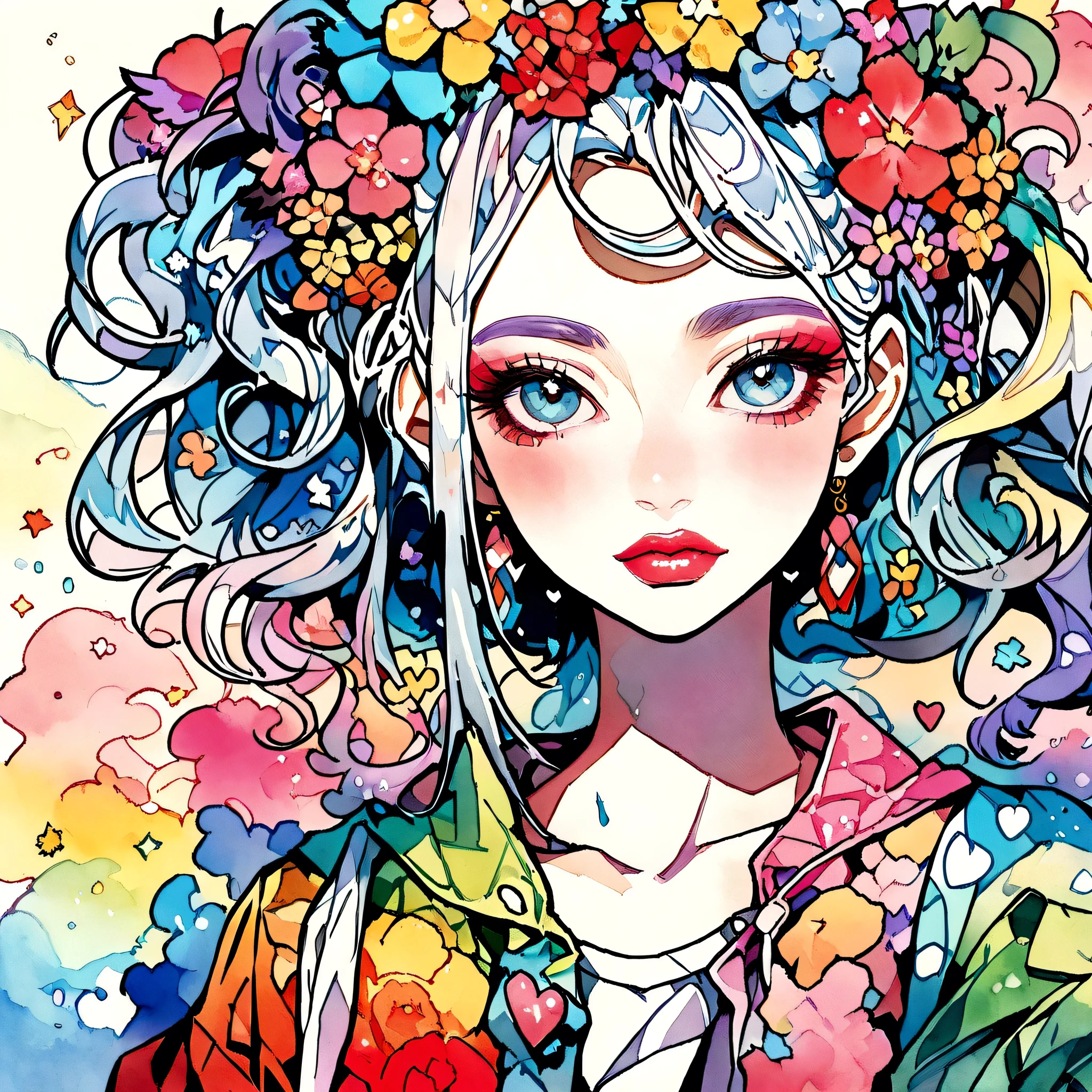 Mai Yoneyama Style、(((stylish fashion))), 8K Quality、Intense watercolor, Detailed watercolor art, Watercolor splash, Surreal, avant-garde pop art, Beautiful and expressive paintings, Beautiful artwork illustration, Very colorful tones, wonderful, Cool beauty, highest quality、Official Art, Vector art, Stylish design, (((The most beautiful girl))), (((highest quality))), HDR, ((detailed)), (((Doodle Art)), ((masterpiece)), ((Super detailed)), (((Colorful flowers))),(((Stylish))), Lips in love