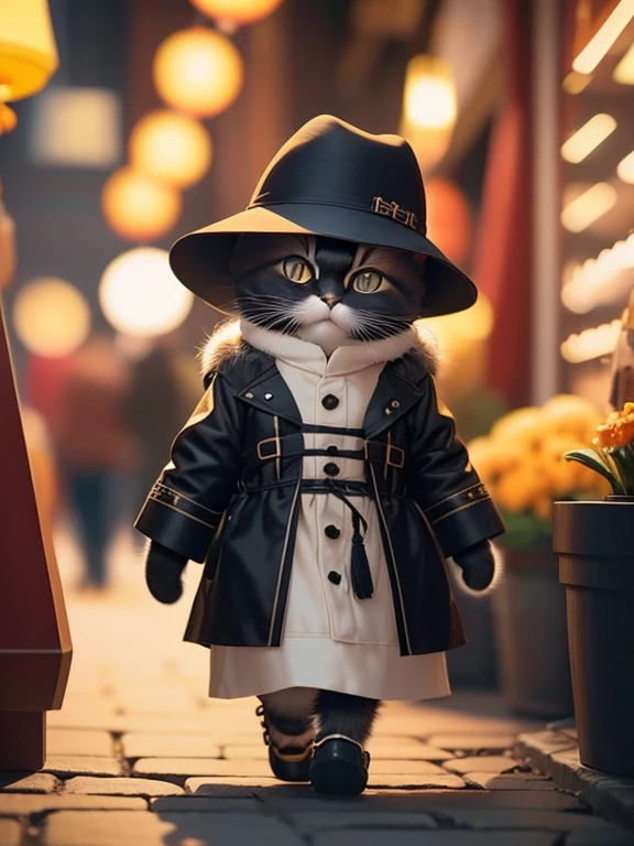 Fluffy black cat, Adventurer,Very detailed cat and fur, Wearing a coat, Wandering around the Chinese market, One animal,Highly detailed images, Kodak 400, Atmospheric light, 50mm lens, (Cat Eyes and Feature Details) Realistic Cat, Yellow eyed female cat,8K,cute