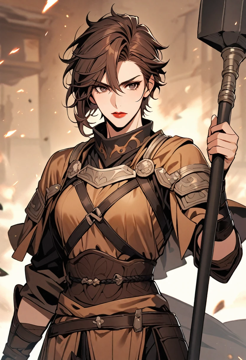 Beautiful, single, 1 girl with short hair, red lips, men's hairstyle, brown hair, black-brown eyes, warrior outfit, brown tone, holding a sledgehammer in hand.