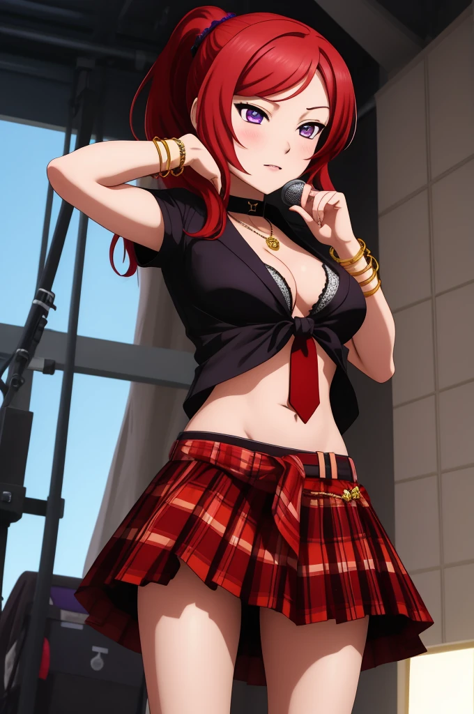 masterpiece, best quality, (1girl:1.000), (bracelet:1.000), (jewelry:0.998), (nishikino maki), (tied shirt:0.993), (red hair:0.987), (purple eyes:0.976), (navel:0.964), (plaid skirt:0.964), (front-tie shirt:0.961), cleavage ,(solo:0.953), (bangle:0.938), (choker:0.929), (ponytail:0.897), (skirt:0.895), (scrunchie:0.875), standing, (breasts:0.778), (midriff:0.672), (school uniform:0.618), (blush:0.617), (hair ornament:0.542), (white shirt:0.537), (simple background:0.517), (black choker:0.505), hand on hip, muscle abs