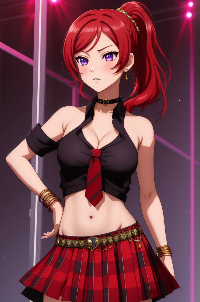masterpiece, best quality, (1girl:1.000), (bracelet:1.000), (jewelry:0.998), (nishikino maki), (tied shirt:0.993), (red hair:0.987), (purple eyes:0.976), (navel:0.964), (plaid skirt:0.964), (front-tie shirt:0.961), cleavage ,(solo:0.953), (bangle:0.938), (choker:0.929), (ponytail:0.897), (skirt:0.895), (scrunchie:0.875), standing, (breasts:0.778), (midriff:0.672), (school uniform:0.618), (blush:0.617), (hair ornament:0.542), (white shirt:0.537), (simple background:0.517), (black choker:0.505), hand on hip, muscle abs