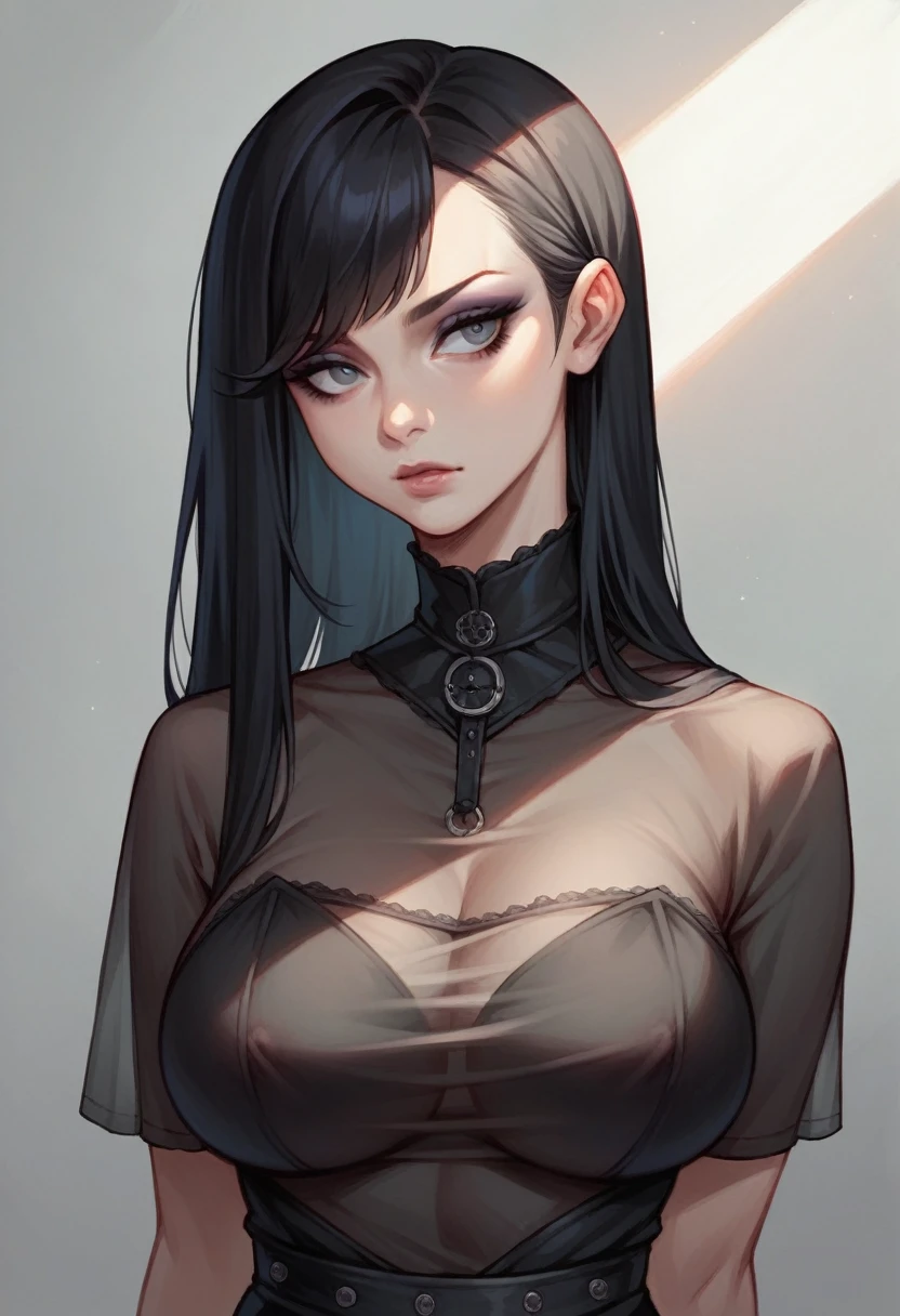 1girl, long hair, large breasts, (realistic:0.1), gothic, general, sensitive, see-through shirt, black outfit, inticate, makeup, eyeliner, eyeshadow, swept bangs, bangs, asymmetrical bangs, black hair, portrait,