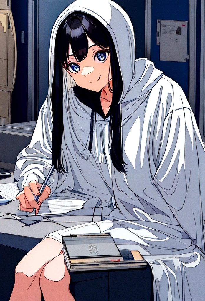 Girl,Silver Bob,blue eyes,birthday,whole body,White hoodie,Grey shorts,smile,older sister,Long black hair brown eyes,uniform,Paired Drawings