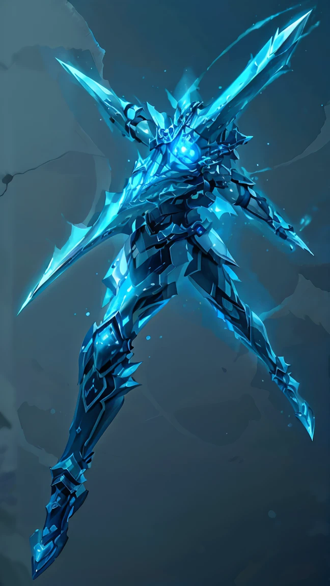 Blue twin swords with an ice aura and ice background,HD lighting and dark )<=(epic image quality)dark atmosphere with bright particle light(many effects in background)