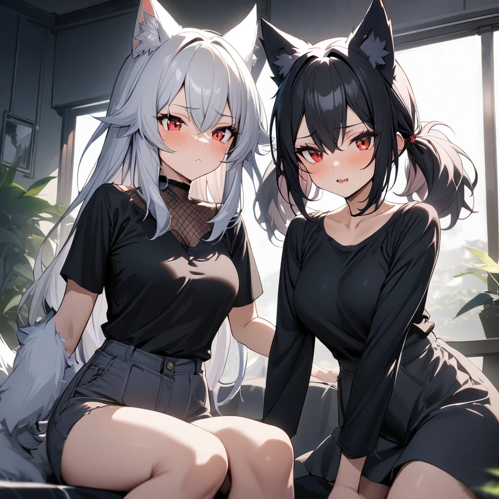 2girls,White hair,red eyes,wolf hair,black hair
wolf girl,
masterpiece,best quality,very aesthetic,absurdres