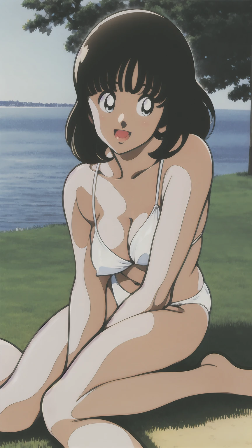 (((character:asakura minami:1.3))),((masterpiece)),((highest quality)),Super detailed,(thin entire outline),enlightenment,explicit,1girl,solo,black hair,medium hair,black eyes,small nose,perfect body,beautiful body,beautiful character design,perfect eyes,perfect face,((happy smile)),small open mouth,(enjoy,having fun:1.2),entp,perspiration,wallpaper,ultra high resolution,8k,photo shoot,(beautiful large breast:1.2),beautiful legs,perfect feet,beautiful skin,fair skin,smooth skin,official style,official art,make a screen cap,outdoor,(summer beach),sunshine,bright lighting,(white micro bikinis),split legs,peace sign,