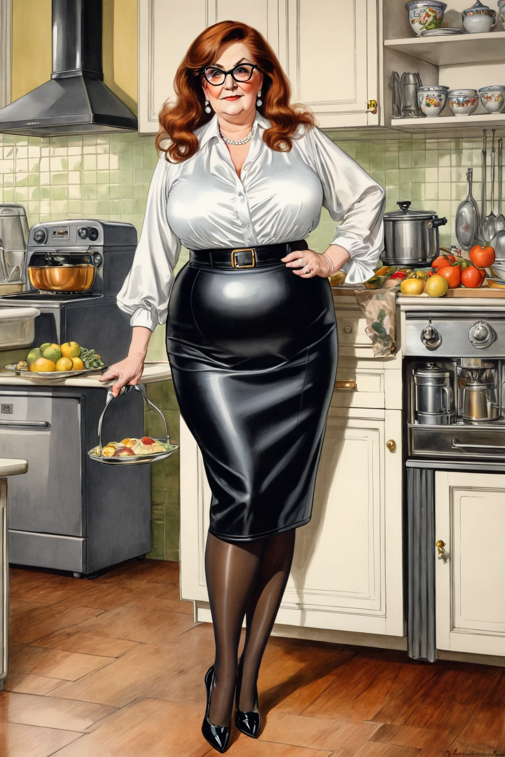 Full body shot in front view, mature attractive 66 years old female plump cashier, very busty, glamorous, plump,big round butt, auburn hair, shoulder length hair, glasses, with huge breasts, black leather skirt, white silk blouse, shiny black tights, high heeled stilettos, standing in her kitchen preparing a meal, coloured drawing in the style of 1871 Punch magazine illustrations. In the style of Charles Dana Gibson