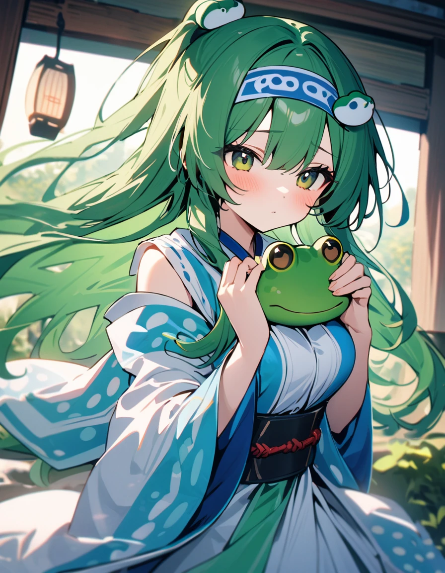 1girl, kochiya sanae, touhou //// masterpiece, best quality, very aesthetic, absurdres, newest, ///// ///// ///// green hair, green hair, hair ornament, shrine, he wears a snake-shaped hair accessory wrapped around her hair on one side, and a blue headband with a frog's head on it, she wears a blue and white outfit similar to a shrine maiden's, with the blue areas covered in light blue polka dots and stripes