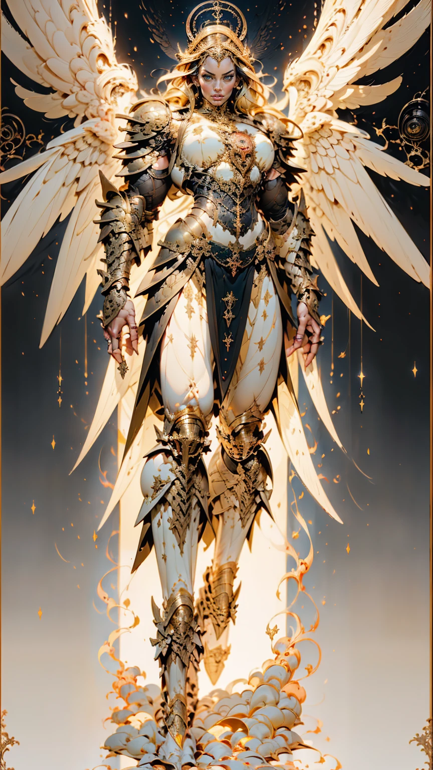 (cara delevingne), ((((((1 muscular angel girl)))))), (((huge upper body))), long hair, ((((huge angelic wings))), (((intricate ornate angelic full body armor))), ((((full body front view)))), (((perfect hands, perfect fingers))), (((tarot style background)))