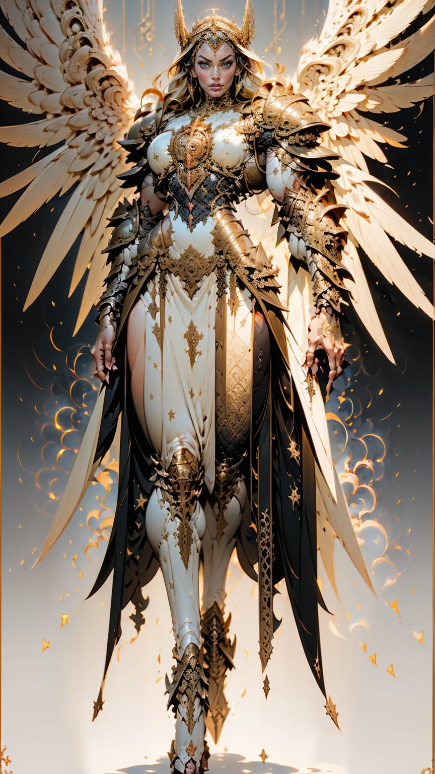 (cara delevingne), ((((((1 muscular angel girl)))))), (((huge upper body))), long hair, ((((huge angelic wings))), (((intricate ornate angelic full body armor))), ((((full body front view)))), (((perfect hands, perfect fingers))), (((tarot style background)))