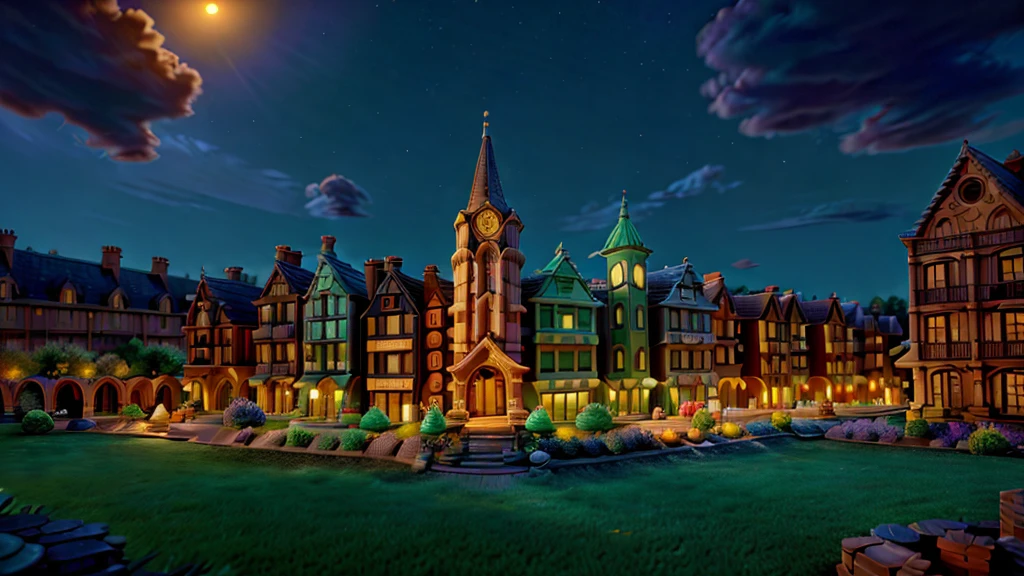 In the whimsical metropolis of Luminaria, dusk descends as wispy clouds dance across the sky. Modern townhouses, adorned with vibrant brickwork, rise from lush greenery like fantastical creatures come alive. Soft, golden light casts long shadows, bathing the scene in a serene ambiance. Delicate brick patterns shimmer like jewels, inviting the viewer to step into this stylized yet realistic world of wonder