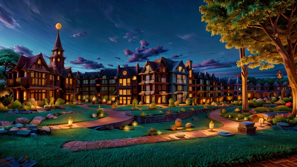 In the whimsical metropolis of Luminaria, dusk descends as wispy clouds dance across the sky. Modern townhouses, adorned with vibrant brickwork, rise from lush greenery like fantastical creatures come alive. Soft, golden light casts long shadows, bathing the scene in a serene ambiance. Delicate brick patterns shimmer like jewels, inviting the viewer to step into this stylized yet realistic world of wonder