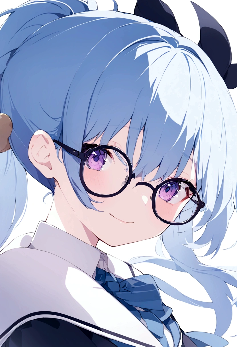 Blue Glasses Light blue hair girl ponytail Laughter Middle school students Mostly faces Face close-up Highest quality 傑作 Blue Glasses Blue Glasses