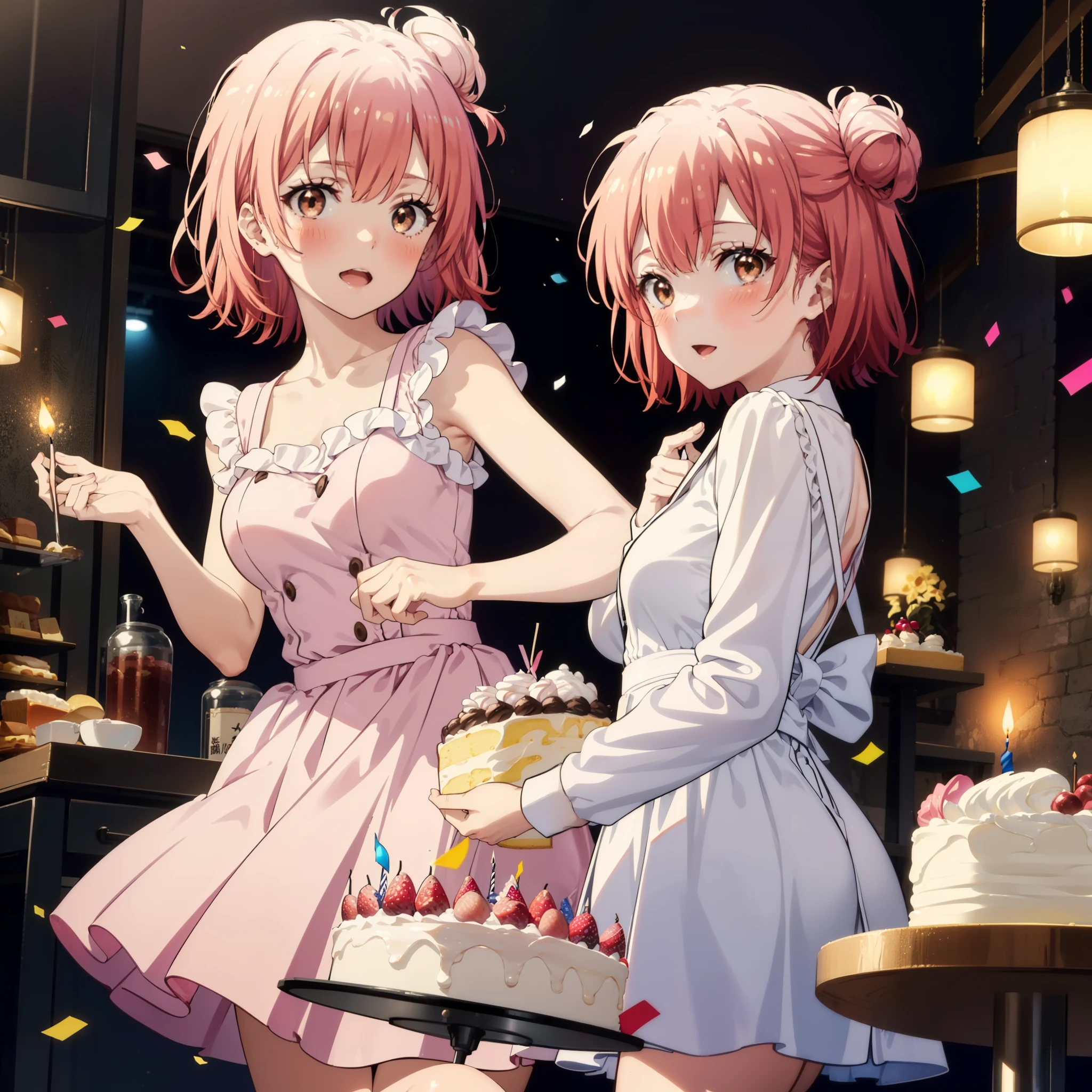 yuiyuigahama, yui yuigahama, One Girl,short hair, (Brown eyes:1.5), (Pink Hair:1.2), Hair Bun, single Hair Bun, smile,blush,Open your mouth wide,Pink sleeveless dress,Long skirt,Stiletto heels,A birthday cake with lit candles,
,There is a round birthday cake on the desk.,Confetti,cracker,whole bodyがイラストに入るように,
break indoors, Party Venue,
break looking at viewer, whole body,
break (masterpiece:1.2), Highest quality, High resolution, unity 8k wallpaper, (figure:0.8), (Beautiful attention to detail:1.6), Highly detailed face, Perfect lighting, Highly detailed CG, (Perfect hands, Perfect Anatomy),