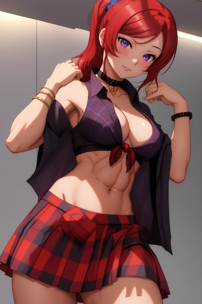 masterpiece, best quality, (1girl:1.000), (bracelet:1.000), (jewelry:0.998), (nishikino maki), (tied shirt:0.993), (red hair:0.987), (purple eyes:0.976), (navel:0.964), (plaid skirt:0.964), (front-tie shirt:0.961), cleavage ,(solo:0.953), (bangle:0.938), (choker:0.929), (ponytail:0.897), (skirt:0.895), (scrunchie:0.875), standing, (breasts:0.778), (midriff:0.672), (school uniform:0.618), (blush:0.617), (hair ornament:0.542), (white shirt:0.537), (simple background:0.517), (black choker:0.505), hand on hip, muscle abs