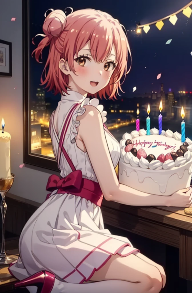 yuiyuigahama, yui yuigahama, short hair, (Brown eyes:1.5), (Pink Hair:1.2), Hair Bun, single Hair Bun, smile,blush,Open your mouth wide,Pink sleeveless dress,Long skirt,Stiletto heels,A birthday cake with lit candles,
,There is a round birthday cake on the desk.,Confetti,cracker,whole bodyがイラストに入るように,
break indoors, Party Venue,
break looking at viewer, whole body,(Cowboy Shot:1.5),
break (masterpiece:1.2), Highest quality, High resolution, unity 8k wallpaper, (figure:0.8), (Beautiful attention to detail:1.6), Highly detailed face, Perfect lighting, Highly detailed CG, (Perfect hands, Perfect Anatomy),