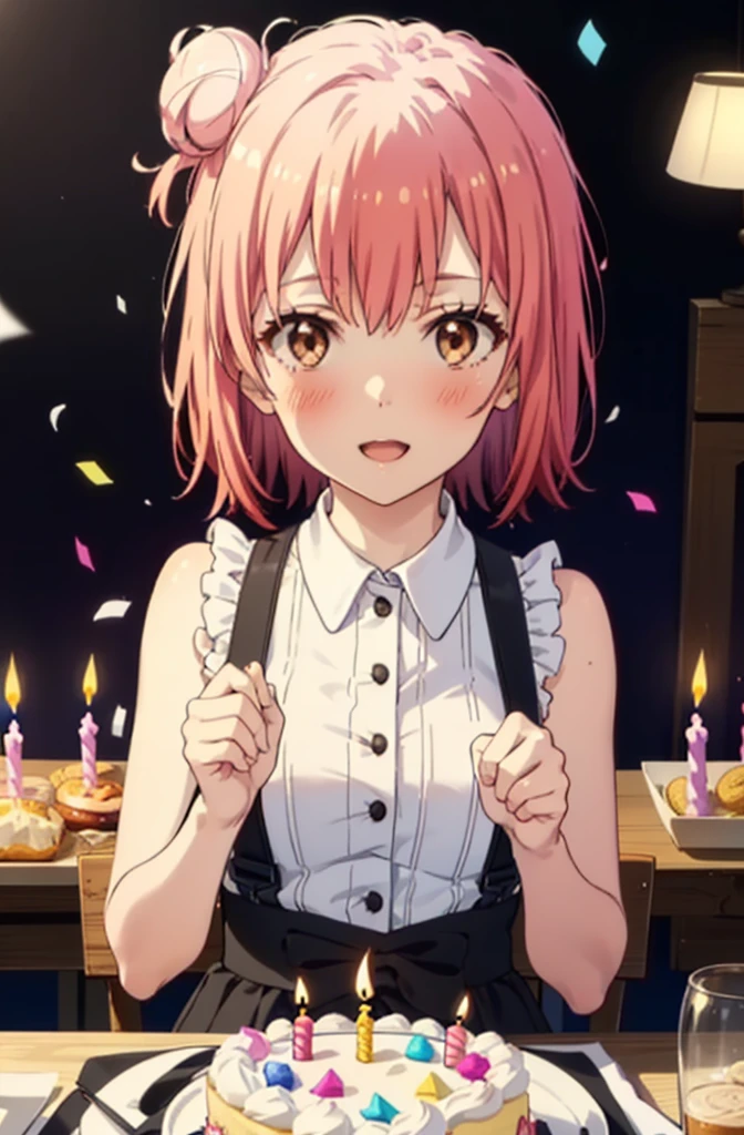 yuiyuigahama, yui yuigahama, One Girl,short hair, (Brown eyes:1.5), (Pink Hair:1.2), Hair Bun, single Hair Bun, smile,blush,Open your mouth wide,Pink sleeveless dress,Long skirt,Stiletto heels,A birthday cake with lit candles,
,There is a round birthday cake on the desk.,Confetti,cracker,whole bodyがイラストに入るように,
break indoors, Party Venue,
break looking at viewer, whole body,
break (masterpiece:1.2), Highest quality, High resolution, unity 8k wallpaper, (figure:0.8), (Beautiful attention to detail:1.6), Highly detailed face, Perfect lighting, Highly detailed CG, (Perfect hands, Perfect Anatomy),