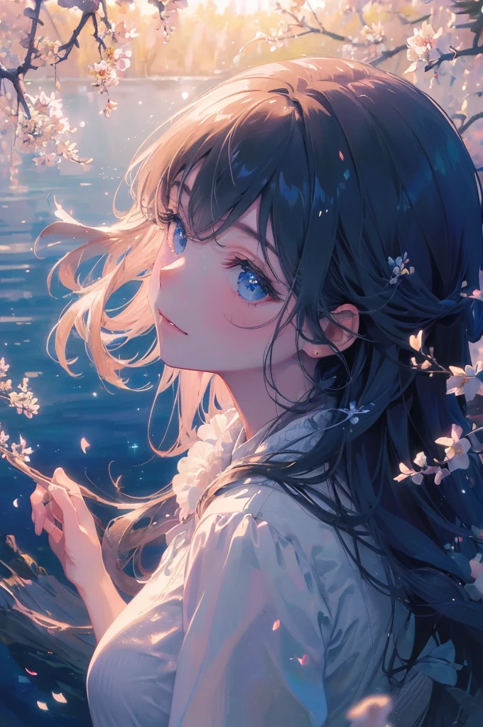 (masterpiece、8K、Highest quality)、(Soft Light:1.5), whole body, Detailed face, Fine grain, Beautiful digital artwork, landscape, Backlight, Lots of flowers, forest, Sparkling eyes, Winters, warm, warm light, Iridescent gradient colors, Watercolor,In the sea