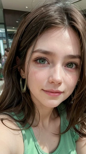 White woman, 35 years old, Brown hair, long hair, messy hair, Nice face, simetric face, Green eyes, Nice body, cute, shy, green tank top, smile, earrings, mall