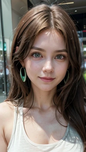 White woman, 35 years old, Brown hair, long hair, messy hair, Nice face, simetric face, Green eyes, Nice body, cute, shy, green tank top, smile, earrings, mall