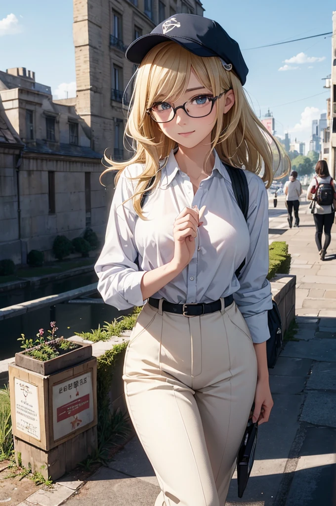最high quality, high quality, High resolution, high quality texture, high quality shadows, High resolution, Beautiful details, Detailed CG, Detailed Texture, Realistic representation of face, Realistic, colorful, delicate, Cinematic Light, Side light, Lens flare, Ray Tracing, sharp concentrated, (1 Girl,concentrated:1.3), ( Intricate details, compensate, PureErosFaceV1:0.5), (細部まで美しいdelicateな顔, 緻密で美しいdelicateな瞳, Perfect Facial Proportions, Dense skin, Optimal ratio of four fingers to one thumb, Modest chest, Beautiful Hips, Smooth upper abdomen, blue eyes , glasses ,White shirt, mountaineering pants ,trekking shoes, work cap, paris, Seine river, buzzer, blue sky,trekking backpack ,adventure journey ,the gaze of true love, lips of temptation, A look full of compassion ,a smile full of love, i love you, Acting lovey-dovey, waist up, 35 years old, hiking,house wife,air fortress hair, blonde hair