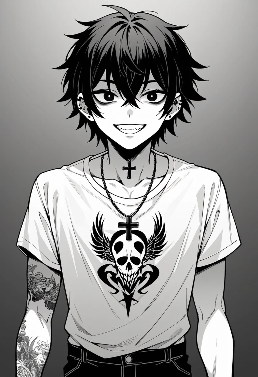 man, handsome, korean girl boy, ultra-detailed,hyper details,cinematic light, solo,stand,white studio,black-and-white-filter,closeup,front,looking at viewer from front,manhwa-style,unbutton-shirt,tattoo in chest,black-hair,messy-bangs,emo-haircut,model,pose,piercing,cross-necklace,smile-teeth.