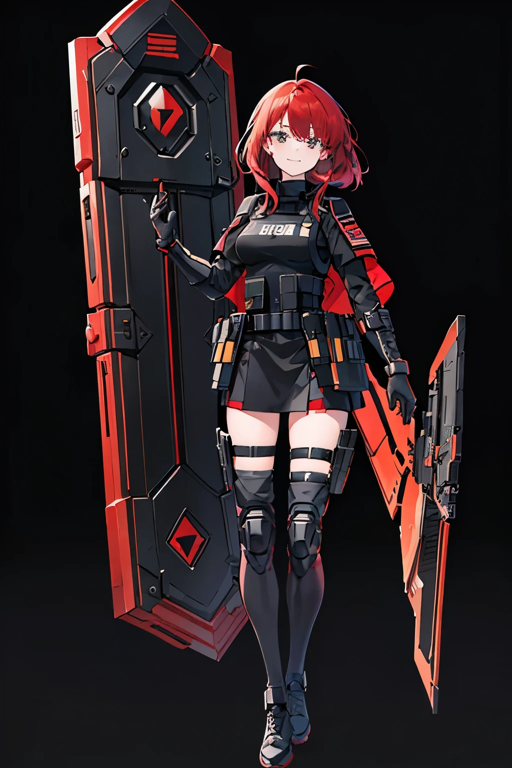 masterpiece, high quality,1 girl, full body, standing, security guard, Special Assault Team, special forces, ((holding super large shield)), black wear, modern, cute, smiling, bright, holding gun, forehead, red hair, medium hair, ((medium length hair)), innocent, cute, ((black background)), ((simple background)), Aurora Arknights, ((have a calm look))