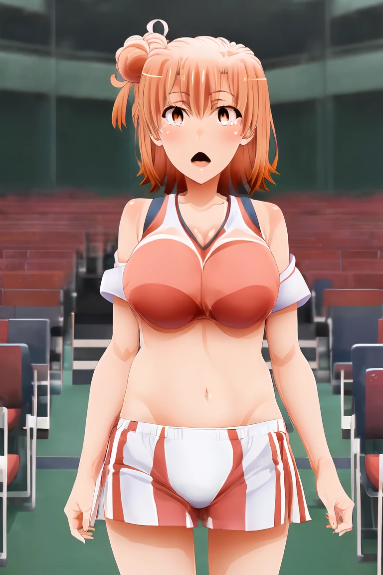 yuiyuigahama, yui yuigahama, short hair, (Brown eyes:1.5), (Orange Hair:1.2), Hair Bun, single Hair Bun, Confused face,Eye-catching sportswear,1 Girl, alone, Huge breasts, Open your mouth, Looking at the audience, Skin dents,White background,