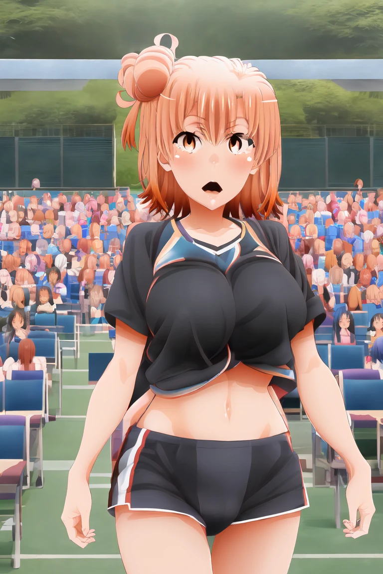 yuiyuigahama, yui yuigahama, short hair, (Brown eyes:1.5), (Orange Hair:1.2), Hair Bun, single Hair Bun, Confused face,Eye-catching sportswear,1 Girl, alone, Huge breasts, Open your mouth, Looking at the audience, Skin dents,White background,