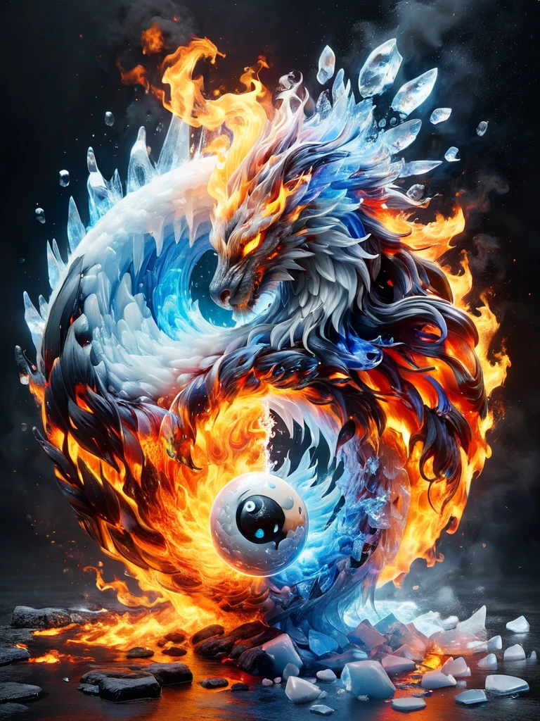faize, yin and yang shaped out of fire and ice