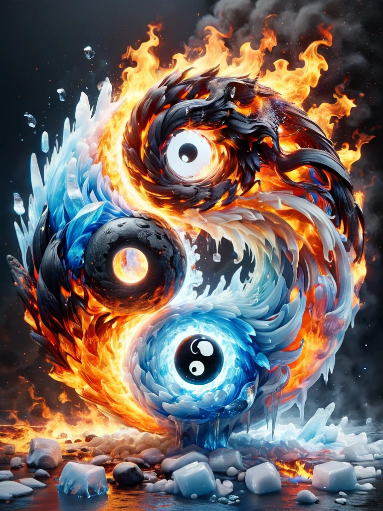 faize, yin and yang shaped out of fire and ice