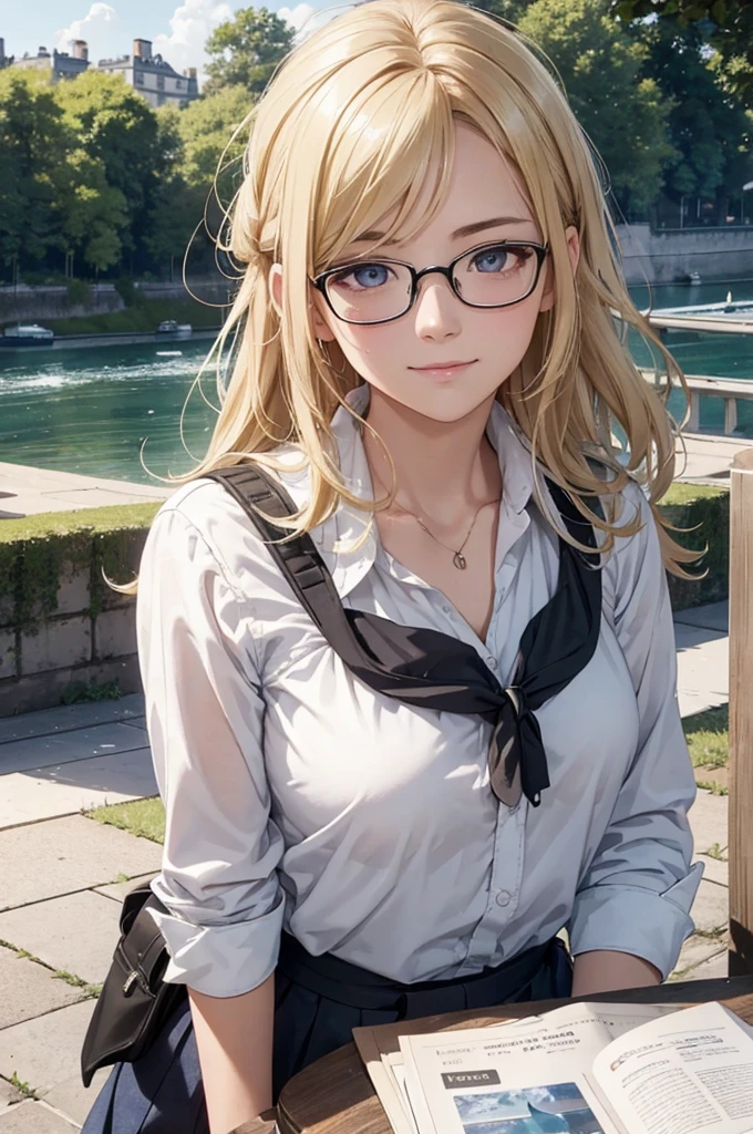最high quality, high quality, High resolution, high quality texture, high quality shadows, High resolution, Beautiful details, Detailed CG, Detailed Texture, Realistic representation of face, Realistic, colorful, delicate, Cinematic Light, Side light, Lens flare, Ray Tracing, sharp concentrated, (1 Girl,concentrated:1.3), ( Intricate details, compensate, PureErosFaceV1:0.5), (細部まで美しいdelicateな顔, 緻密で美しいdelicateな瞳, Perfect Facial Proportions, Dense skin, Optimal ratio of four fingers to one thumb, Modest chest, Beautiful Hips, Smooth upper abdomen, blue eyes , glasses ,White shirt, mountaineering pants ,trekking shoes, work cap, paris, Seine river, buzzer, blue sky,trekking backpack ,adventure journey ,the gaze of true love, lips of temptation, A look full of compassion ,a smile full of love, i love you, Acting lovey-dovey, waist up, 35 years old, hiking,house wife,air fortress hair, blonde hair