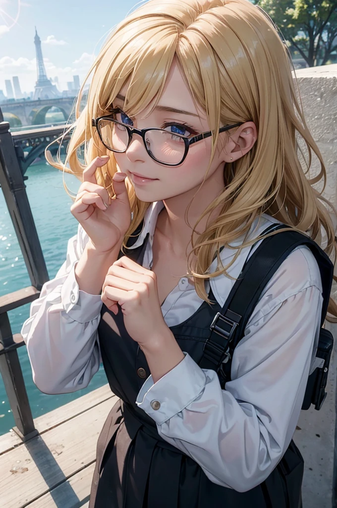 最high quality, high quality, High resolution, high quality texture, high quality shadows, High resolution, Beautiful details, Detailed CG, Detailed Texture, Realistic representation of face, Realistic, colorful, delicate, Cinematic Light, Side light, Lens flare, Ray Tracing, sharp concentrated, (1 Girl,concentrated:1.3), ( Intricate details, compensate, PureErosFaceV1:0.5), (細部まで美しいdelicateな顔, 緻密で美しいdelicateな瞳, Perfect Facial Proportions, Dense skin, Optimal ratio of four fingers to one thumb, Modest chest, Beautiful Hips, Smooth upper abdomen, blue eyes , glasses ,White shirt, mountaineering pants ,trekking shoes, work cap, paris, Seine river, buzzer, blue sky,trekking backpack ,adventure journey ,the gaze of true love, lips of temptation, A look full of compassion ,a smile full of love, i love you, Acting lovey-dovey, waist up, 35 years old, hiking,house wife,air fortress hair, blonde hair