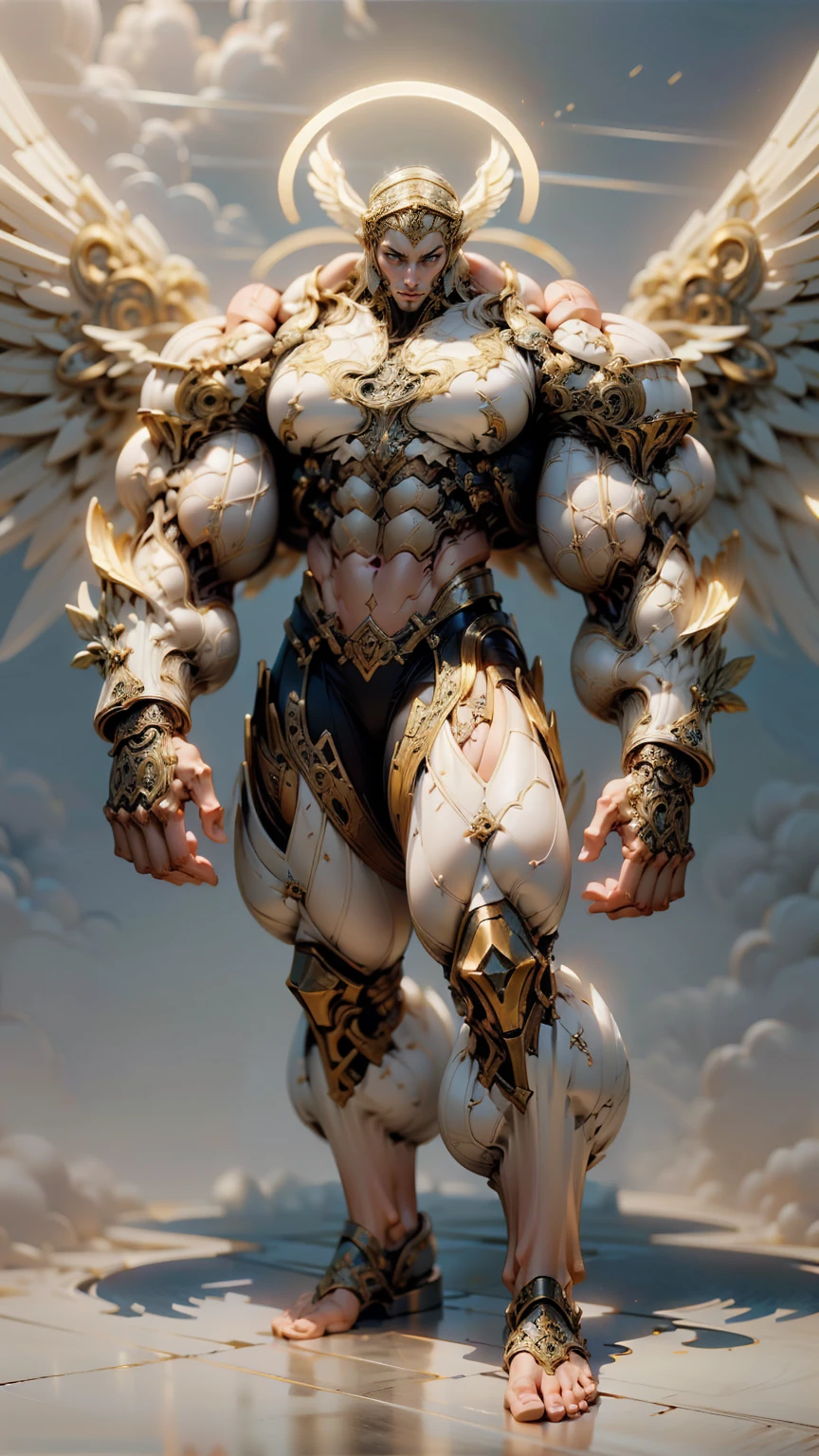 (cara delevingne), ((((((1 muscular angel girl)))))), (((huge upper body))), long hair, ((((huge angelic wings))), (((intricate ornate angelic full body armor))), ((((full body front view)))), (((perfect hands, perfect fingers))), (((empty background)))