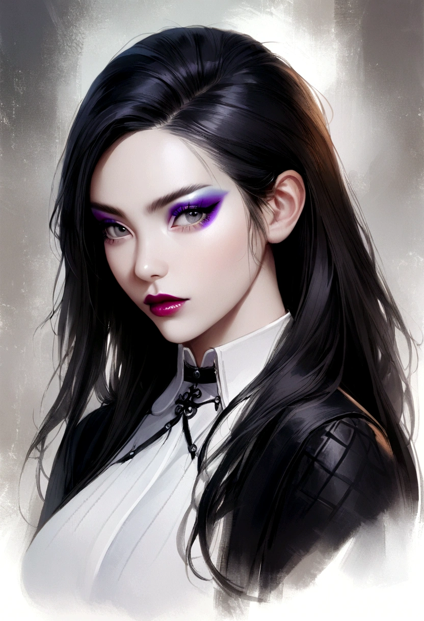 1girl, long hair, large breasts, (realistic:0.1), gothic, general, sensitive, see-through shirt, black outfit, inticate, makeup, eyeliner, eyeshadow, swept bangs, bangs, asymmetrical bangs, black hair, portrait,