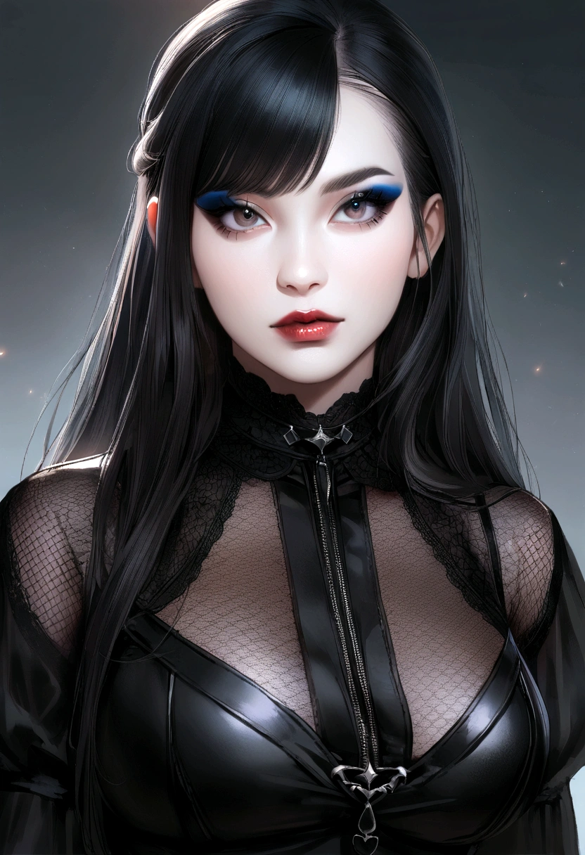 1girl, long hair, large breasts, (realistic:0.1), gothic, general, sensitive, see-through shirt, black outfit, inticate, makeup, eyeliner, eyeshadow, swept bangs, bangs, asymmetrical bangs, black hair, portrait,