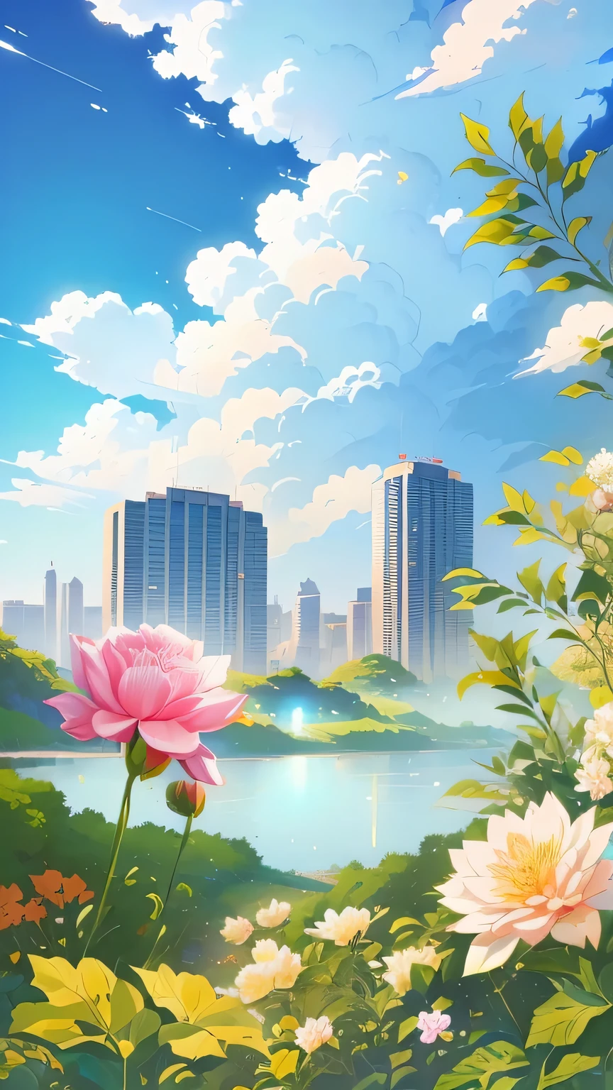 There is a painting,There is a city in the painting,There are lakes and flowers, Beautiful city view, 4k hd wallpaper illustration, Beautiful city view background, anime background technology, Anime Landscape Wallpaper, background technology, Anime Background, Anime style cityscape, background technologywork, Amazing wallpapers, anime art wallpaper 8 k, 4K HD illustration wallpaper, Anime Art Wallpaper 4K, Anime Art Wallpaper 4K