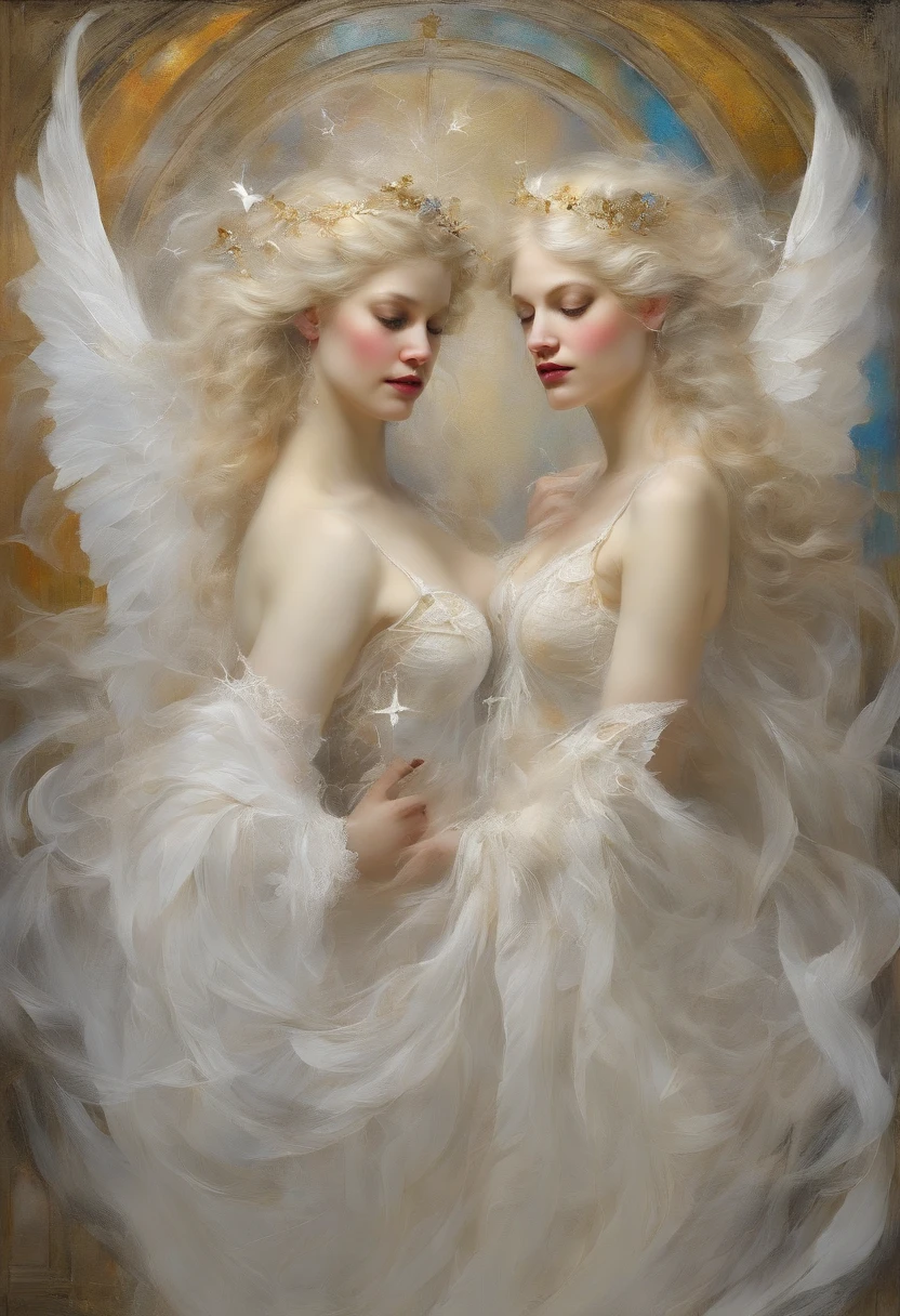 sisterhood, silber hair, Angel wings made of feathers, elf-ears, Transparent finish, Realistic body lines, (((Many long white lace bales flutter in the wind))), (Silk Gold and Silver Lingerie), church stained glass, Church candles, albino