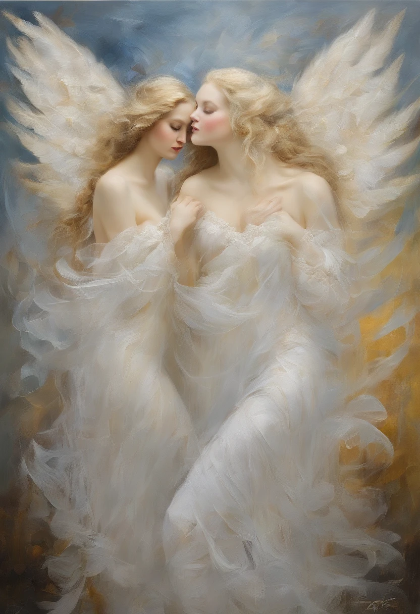 sisterhood, silber hair, Angel wings made of feathers, elf-ears, Transparent finish, Realistic body lines, (((Many long white lace bales flutter in the wind))), (Silk Gold and Silver Lingerie), church stained glass, Church candles, albino
