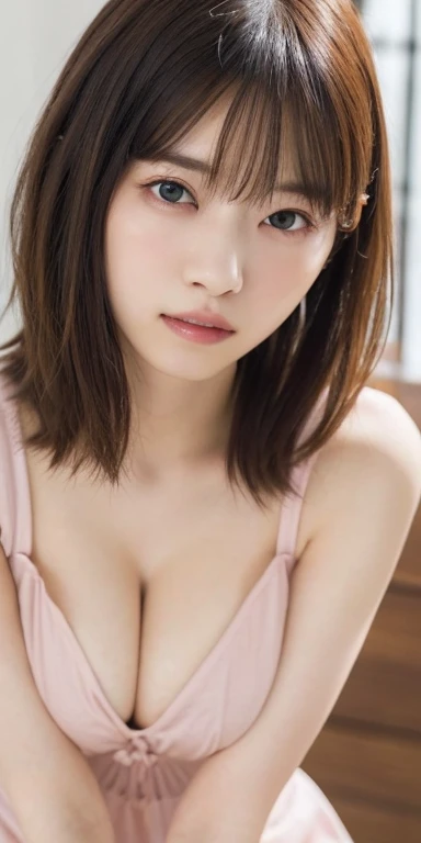 (masterpiece:1.3), Highest quality、Ultra-high resolution, Very detailed, Very detailed CG Unity 8k 壁紙, Realistic, photo-Realistic, RAW Photos, Beautifully detailed face, Pale skin, Realistic glistening skin, Detailed cloth texture, Detailed hair texture, Perfect body, Beautiful Face, Accurate, Anatomically correct, Highly detailed face そして skin texture, Natural neck length, (Fair skin:1.2), Good teeth alignment, 
Symmetrical eyes, dolly make、double eyelid, Thin eyebrows, (Glossy Lips:1.4), (Sad face:1.2),
(classy and cute girl:1.3), 
(Large Breasts:1.4), Cleavage, Beautiful clavicle, 
(Wavy long hair:1.2), ((Asymmetrical bangs:1.2)), A tight dress that clings to the breasts、Micro Mini、Voluptuous thighs、A photo showing you from head to knees、Focus on the thighs