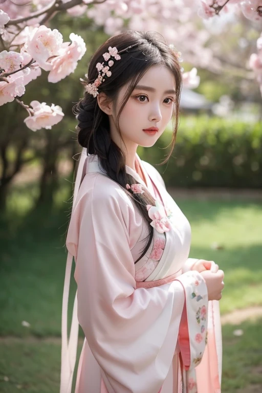 A beautiful woman,Has big charming eyes,Dressed in gorgeous Hanfu,Wearing exquisite traditional hair ornaments。She stood in the peach blossom forest,Pink petals gently fall in the breeze,The background is a classical garden,Full of tranquility and poetic atmosphere。