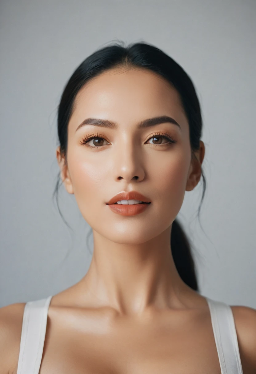 (Best quality, Ultra detailed, Golden ratio female face, Masterpiece:1.2), Theatrical lighting:0.7, Photo of a realistic woman, Perfectly cute, super rare face hairline to eyebrows and eyebrows to bottom of the nose 1:1:1,width of the entire face must be five times the width of the eyes, The length from the right temple to the outer corner of the eye, the width of the right eye, the space between the eyes, the width of the left eye, and the length from the left temple to the outer corner of the eye should all be in the ratio of 1:1:1:, vertical length face from the tip of the chin to the hairline to the width of the face between the left and right temples should be 1:1.46, The right and left sides of the face should be symmetrical ratio 1:1, hairline to the top of the eye and from the bottom of the eye to the middle of the lip should be in the same ratio of 1:1, width of one eye and the space between the eyes should be in the ratio of 1:1:1, length and width of the eyes should be in the ratio of 1:3, The end of the eyebrow should lie on the extension of the straight line connecting the outer nose and the outer corner of the eye , nose to the lower lip and from lower lip to chin 1:1, center of the lips to bottom of the nose and center of the lips to chin 1:2, upper to lower lip 1: 1.618, Highly detailed skin, hair black, pointed nose, longer neck, super wide shoulder,l [:(Sharp focus on rare face, perfectly centered eyes, perfectly and equally align eye brow ,perfectly and equally align lips ,photorealistic, film grain, from below looking up,look at camera、Emphasize the shoulders, Focus on face、Stockings、Smile with mouth raised、zero angle, disdainful expression, summer haze, muted warm colors, Photo cinematic portrait of a woman , cinematic, look cautious, standing under a spotlight, key light, backlight, soft natural lighting, photography Film grain ISO 400 30 mm lens RAW f1.8 aperture, highly detailed (analog photography), colors hdr, natural and attractive looks.