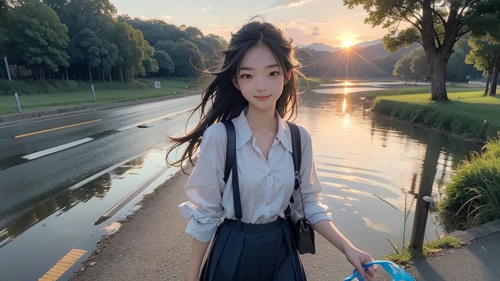 8K、RAW Photos、Highest quality、Super detailed、Super Resolution、Ultra HD、8K壁紙、Amazing details summer、evening、sunset、A rural road lined with rice fields、Paved roads、Woman walking on a country road、16 year old school girl in uniform、Drink water、School bag、Blue sky、Shining Sun、Water bottle、smile