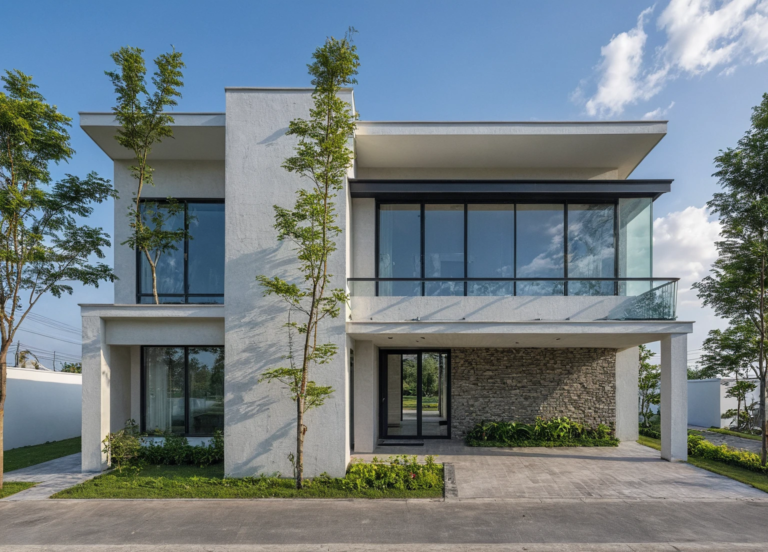 Raw photo,Masterpiece, high quality, best quality, authentic, super detail, exterior, outdoors,Tuonghoagio,house, modern stytle, on the street,wind flower wall, glass windows, white wall,gate, metal railing road,pavement, grass, trees, blue sky, (daylight:1.1), ((realistic photo))