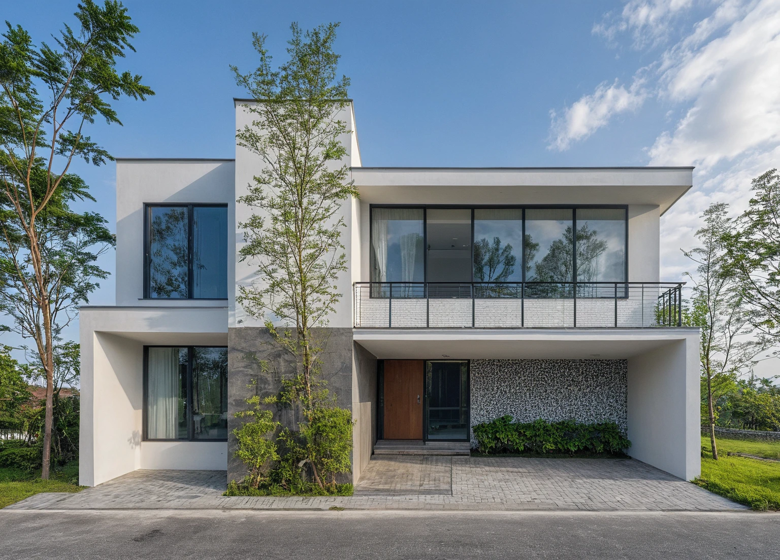 Raw photo,Masterpiece, high quality, best quality, authentic, super detail, exterior, outdoors,Tuonghoagio,house, modern stytle, on the street,wind flower wall, glass windows, white wall,gate, metal railing road,pavement, grass, trees, blue sky, (daylight:1.1), ((realistic photo))