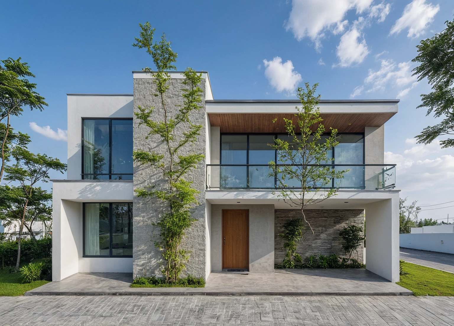 Raw photo,Masterpiece, high quality, best quality, authentic, super detail, exterior, outdoors,Tuonghoagio,house, modern stytle, on the street,wind flower wall, glass windows, white wall,gate, metal railing road,pavement, grass, trees, blue sky, (daylight:1.1), ((realistic photo))