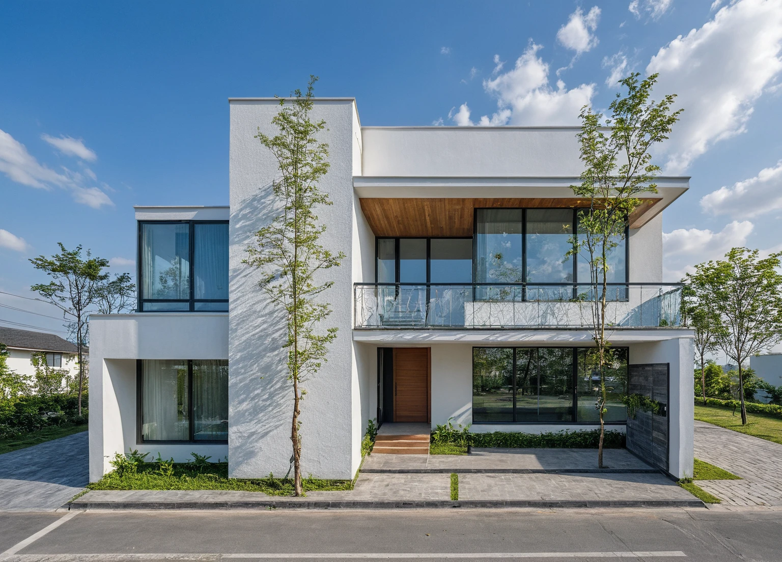 Raw photo,Masterpiece, high quality, best quality, authentic, super detail, exterior, outdoors,Tuonghoagio,house, modern stytle, on the street,wind flower wall, glass windows, white wall,gate, metal railing road,pavement, grass, trees, blue sky, (daylight:1.1), ((realistic photo))