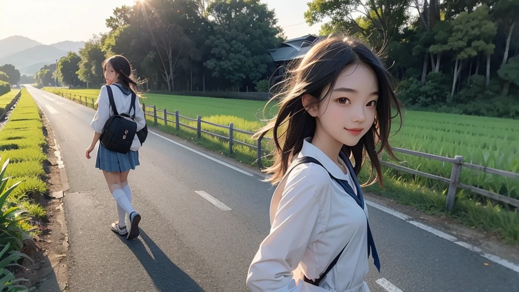 8K、RAW Photos、Highest quality、Super detailed、Super Resolution、Ultra HD、8K壁紙、Amazing details summer、evening、sunset、A rural road lined with rice fields、Paved roads、Woman walking on a country road、16 year old school girl in uniform、Drink water、School bag、Blue sky、Shining Sun、Water bottle、smile
