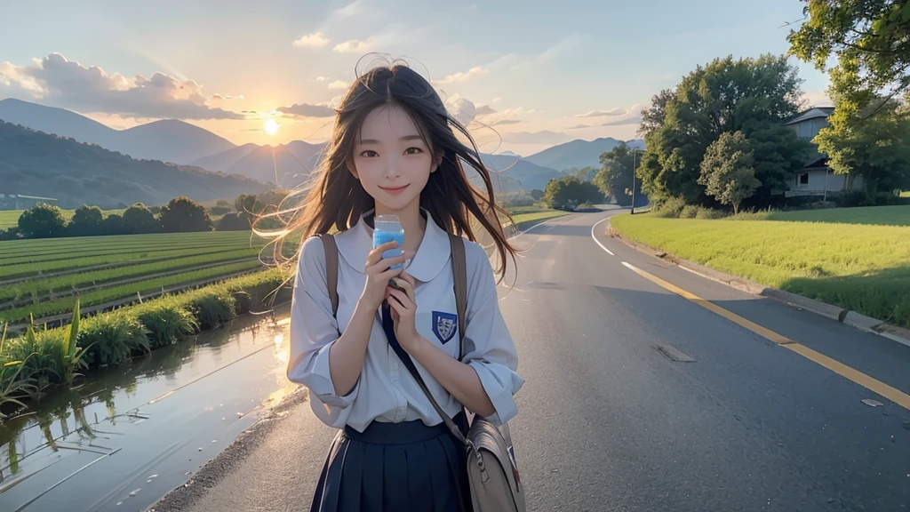 8K、RAW Photos、Highest quality、Super detailed、Super Resolution、Ultra HD、8K壁紙、Amazing details summer、evening、sunset、A rural road lined with rice fields、Paved roads、Woman walking on a country road、 school girl in uniform、Drink water、School bag、Blue sky、Shining Sun、Water bottle、smile
